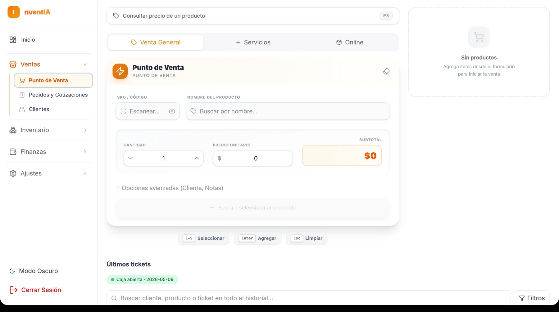 Punto de venta de Inventia para registrar productos y ventas